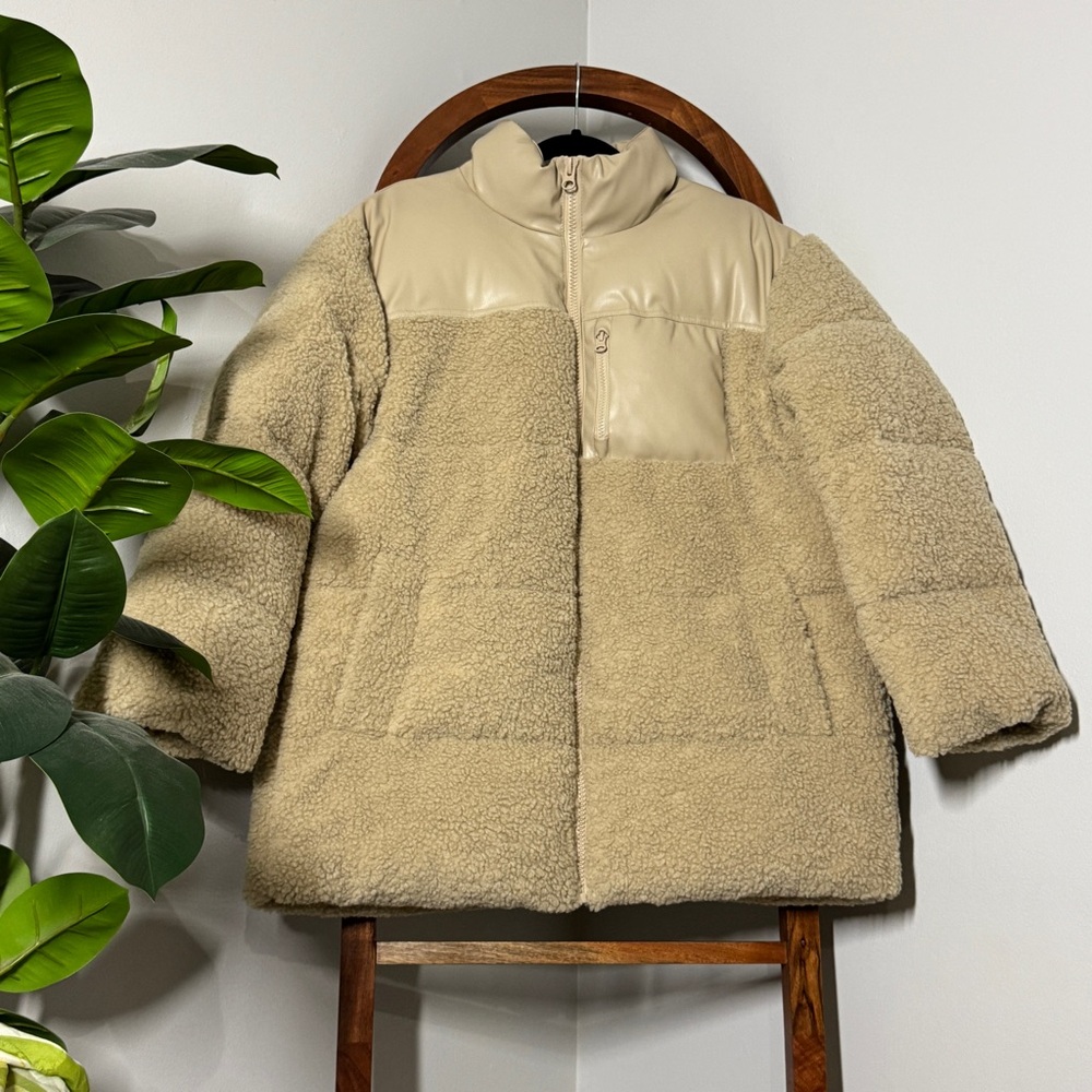 ASOS Design 6 Oversized Tan Faux Leather Sherpa Teddy Puffer Full Zip Jacket